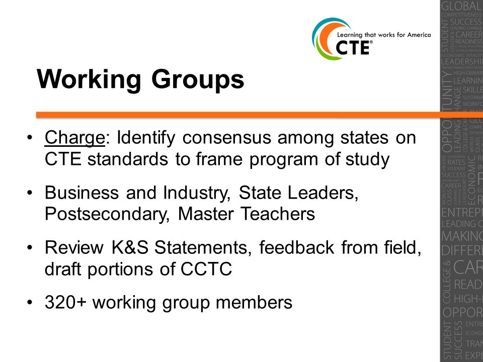 Working Groups Charge: Identify consensus among states on CTE standards to frame program of study Business and Industry, State Leaders, Postsecondary, Master Teachers Review K&S Statements, feedback from field, draft portions of CCTC 320+ working group members