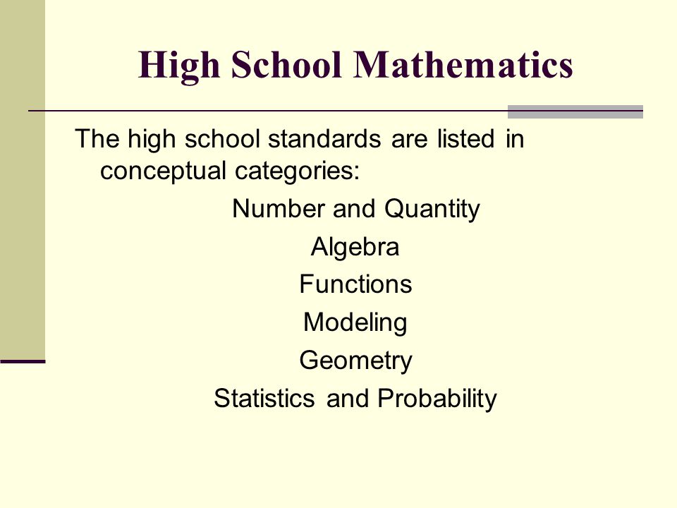 High School Mathematics The high school standards are listed in conceptual categories: Number and Quantity Algebra Functions Modeling Geometry Statistics and Probability