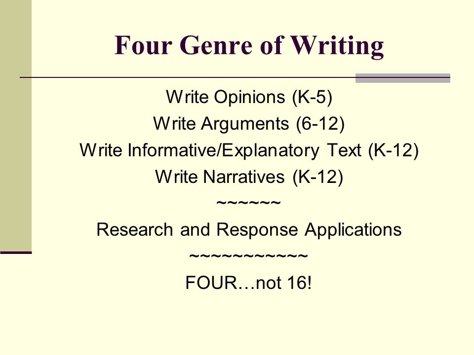 Four Genre of Writing Write Opinions (K-5) Write Arguments (6-12) Write Informative/Explanatory Text (K-12) Write Narratives (K-12) ~~~~~~ Research and Response Applications ~~~~~~~~~~~ FOUR…not 16!