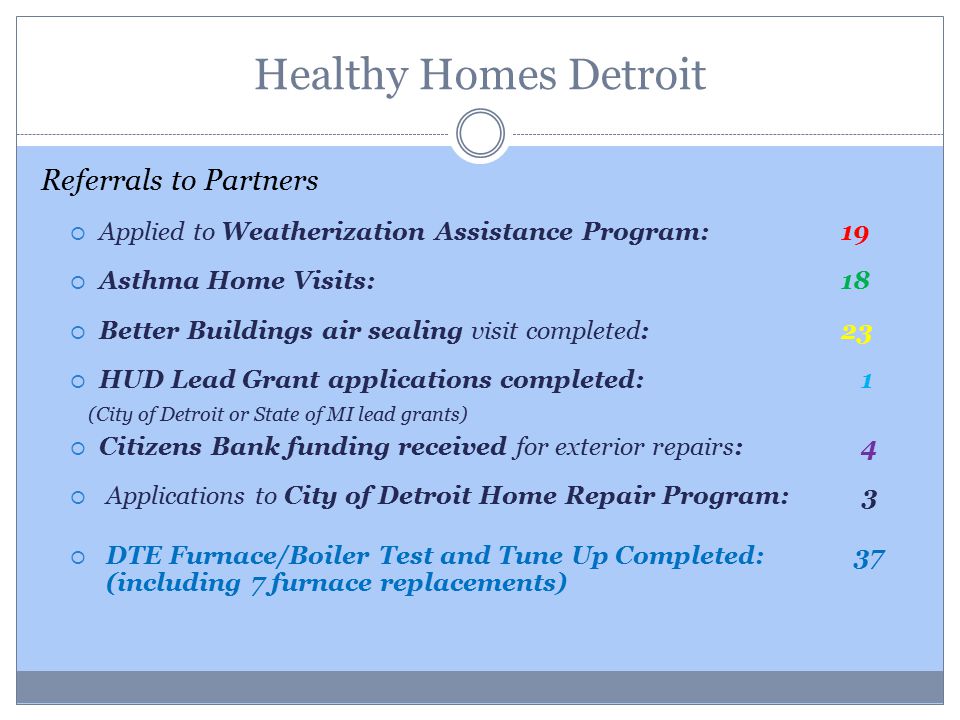 Healthy Homes Detroit Referrals to Partners  Applied to Weatherization Assistance Program: 19  Asthma Home Visits: 18  Better Buildings air sealing visit completed: 23  HUD Lead Grant applications completed: 1 (City of Detroit or State of MI lead grants)  Citizens Bank funding received for exterior repairs: 4  Applications to City of Detroit Home Repair Program: 3  DTE Furnace/Boiler Test and Tune Up Completed: 37 (including 7 furnace replacements)