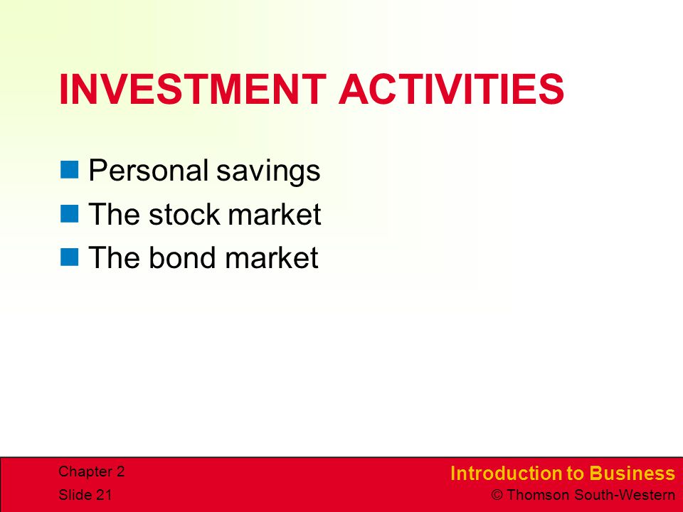 Introduction to Business © Thomson South-Western Chapter 2 Slide 21 INVESTMENT ACTIVITIES Personal savings The stock market The bond market