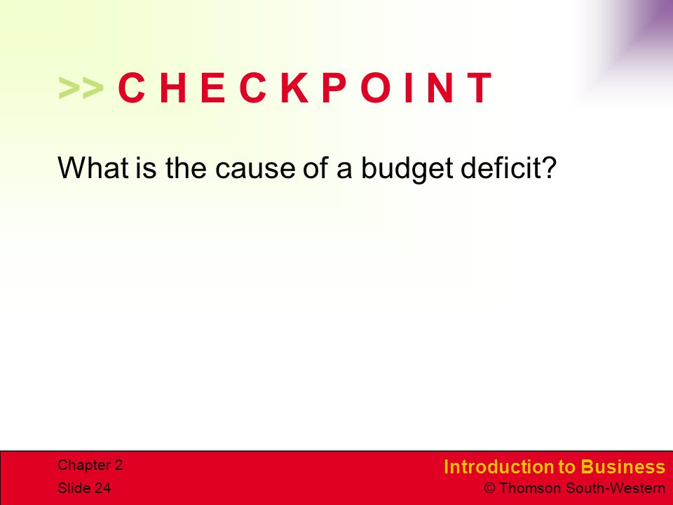 Introduction to Business © Thomson South-Western Chapter 2 Slide 24 >> C H E C K P O I N T What is the cause of a budget deficit