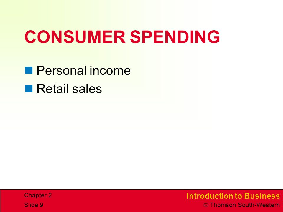 Introduction to Business © Thomson South-Western Chapter 2 Slide 9 CONSUMER SPENDING Personal income Retail sales