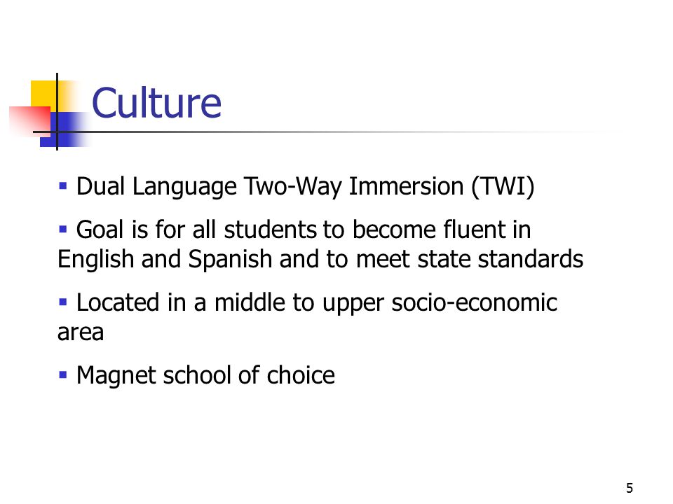 5 Culture  Dual Language Two-Way Immersion (TWI)  Goal is for all students to become fluent in English and Spanish and to meet state standards  Located in a middle to upper socio-economic area  Magnet school of choice
