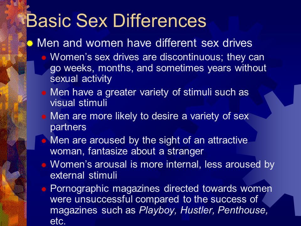 Basic Sex Differences  Men and women have different sex drives  Women’s sex drives are discontinuous; they can go weeks, months, and sometimes years without sexual activity  Men have a greater variety of stimuli such as visual stimuli  Men are more likely to desire a variety of sex partners  Men are aroused by the sight of an attractive woman, fantasize about a stranger  Women’s arousal is more internal, less aroused by external stimuli  Pornographic magazines directed towards women were unsuccessful compared to the success of magazines such as Playboy, Hustler, Penthouse, etc.