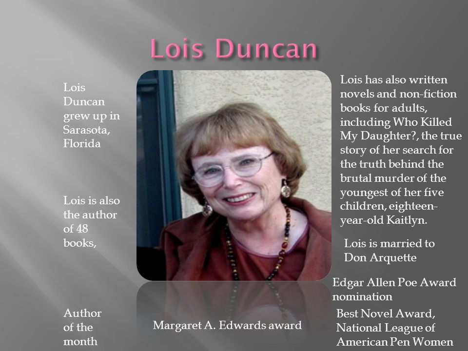 Lois Duncan grew up in Sarasota, Florida Lois is also the author of 48 books, Lois has also written novels and non-fiction books for adults, including Who Killed My Daughter , the true story of her search for the truth behind the brutal murder of the youngest of her five children, eighteen- year-old Kaitlyn.