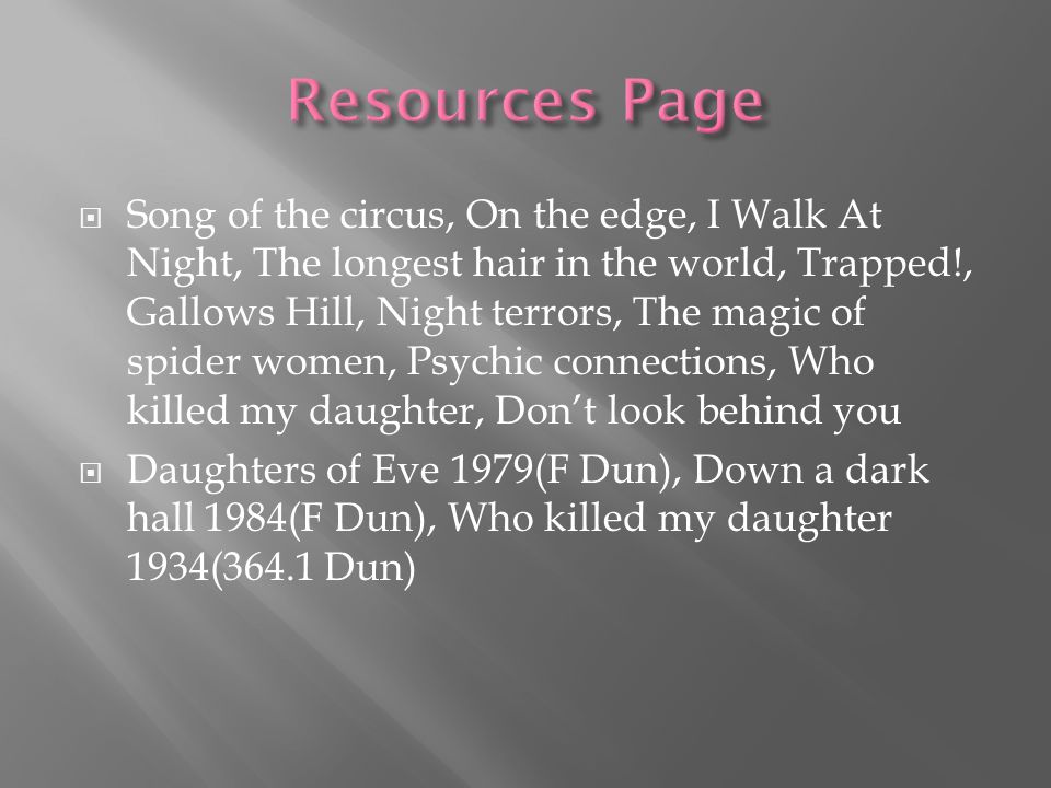  Song of the circus, On the edge, I Walk At Night, The longest hair in the world, Trapped!, Gallows Hill, Night terrors, The magic of spider women, Psychic connections, Who killed my daughter, Don’t look behind you  Daughters of Eve 1979(F Dun), Down a dark hall 1984(F Dun), Who killed my daughter 1934(364.1 Dun)
