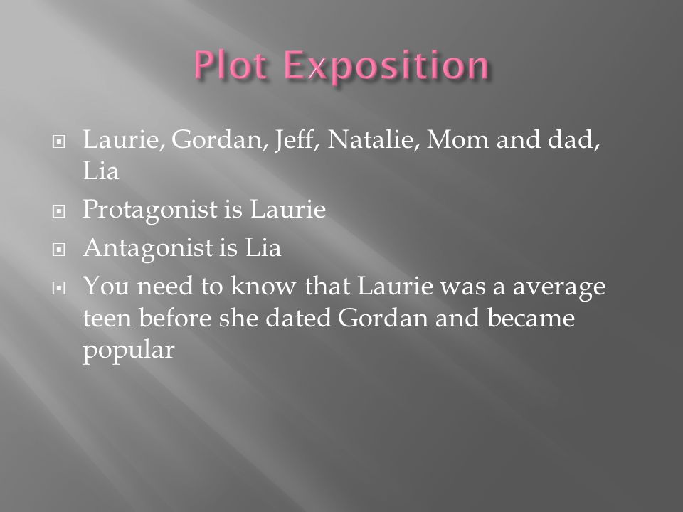  Laurie, Gordan, Jeff, Natalie, Mom and dad, Lia  Protagonist is Laurie  Antagonist is Lia  You need to know that Laurie was a average teen before she dated Gordan and became popular
