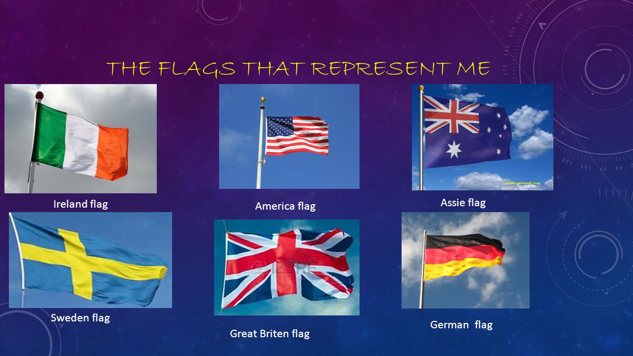 THE FLAGS THAT REPRESENT ME Ireland flag America flag Assie flag Great Briten flag Sweden flag German flag