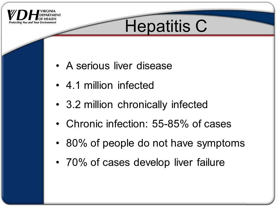 Hepatitis C A serious liver disease 4.1 million infected 3.2 million chronically infected Chronic infection: 55-85% of cases 80% of people do not have symptoms 70% of cases develop liver failure