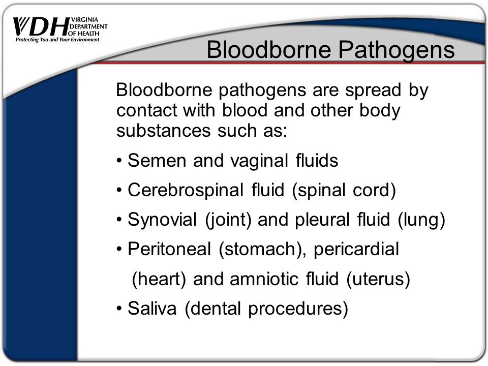 Bloodborne pathogens are spread by contact with blood and other body substances such as: Semen and vaginal fluids Cerebrospinal fluid (spinal cord) Synovial (joint) and pleural fluid (lung) Peritoneal (stomach), pericardial (heart) and amniotic fluid (uterus) Saliva (dental procedures) Bloodborne Pathogens