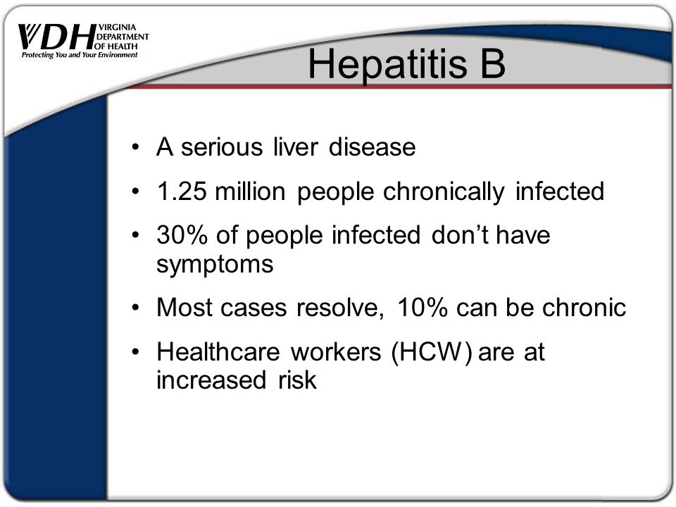 Hepatitis B A serious liver disease 1.25 million people chronically infected 30% of people infected don’t have symptoms Most cases resolve, 10% can be chronic Healthcare workers (HCW) are at increased risk