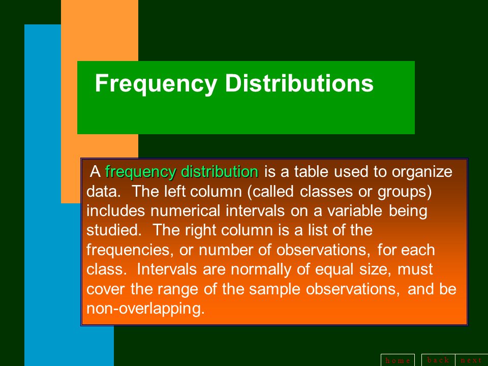 b a c kn e x t h o m e Frequency Distributions frequency distribution A frequency distribution is a table used to organize data.