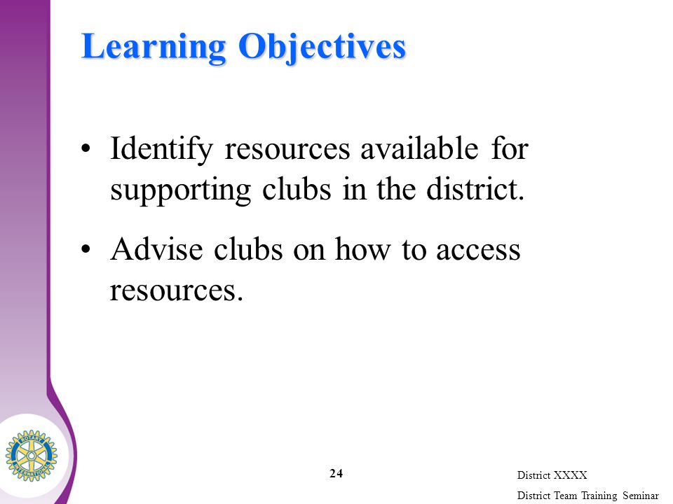 District XXXX District Team Training Seminar 24 Learning Objectives Identify resources available for supporting clubs in the district.