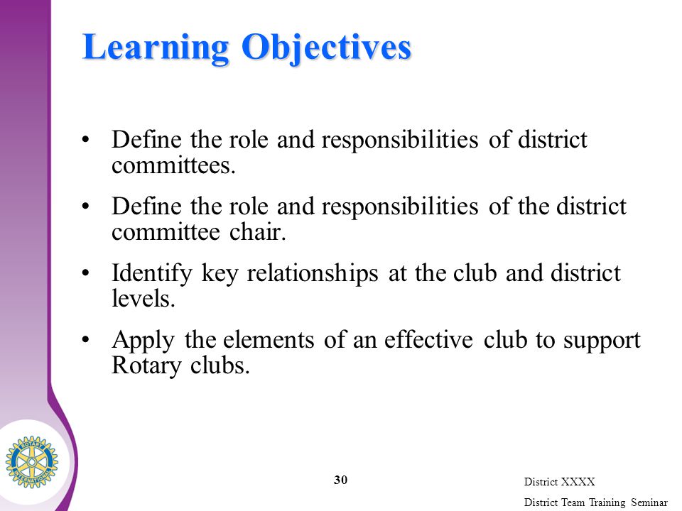 District XXXX District Team Training Seminar 30 Learning Objectives Define the role and responsibilities of district committees.