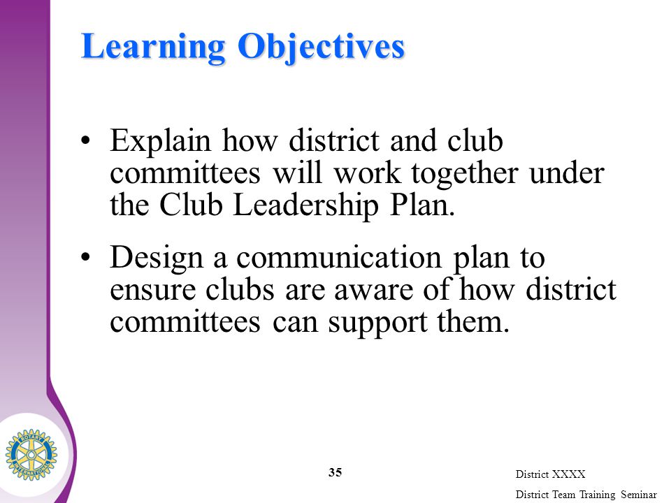 District XXXX District Team Training Seminar 35 Learning Objectives Explain how district and club committees will work together under the Club Leadership Plan.