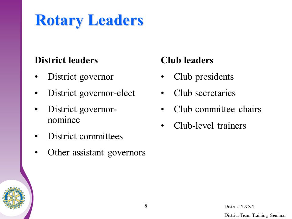 District XXXX District Team Training Seminar 8 Rotary Leaders District leaders District governor District governor-elect District governor- nominee District committees Other assistant governors Club leaders Club presidents Club secretaries Club committee chairs Club-level trainers
