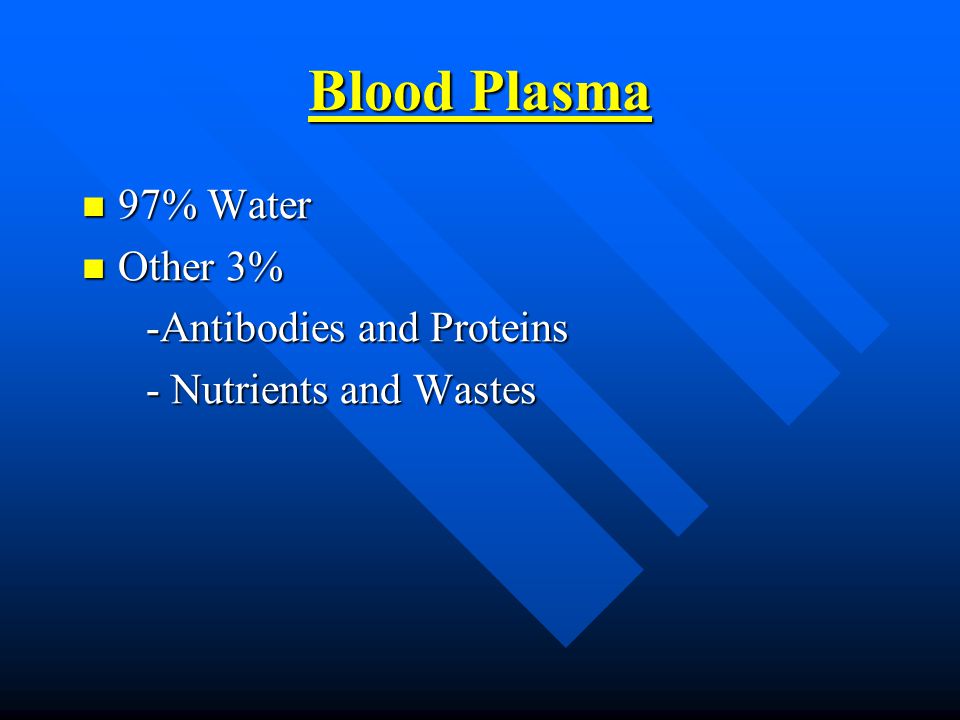 Blood Plasma 97% Water 97% Water Other 3% Other 3% -Antibodies and Proteins -Antibodies and Proteins - Nutrients and Wastes - Nutrients and Wastes