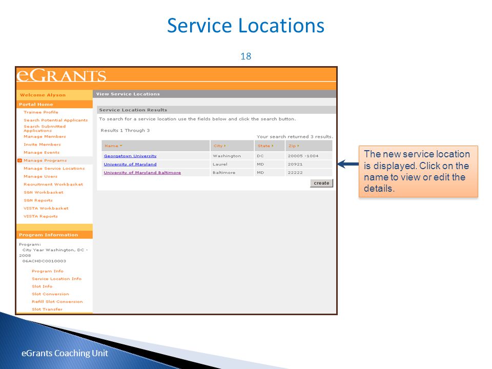 18 The new service location is displayed. Click on the name to view or edit the details.