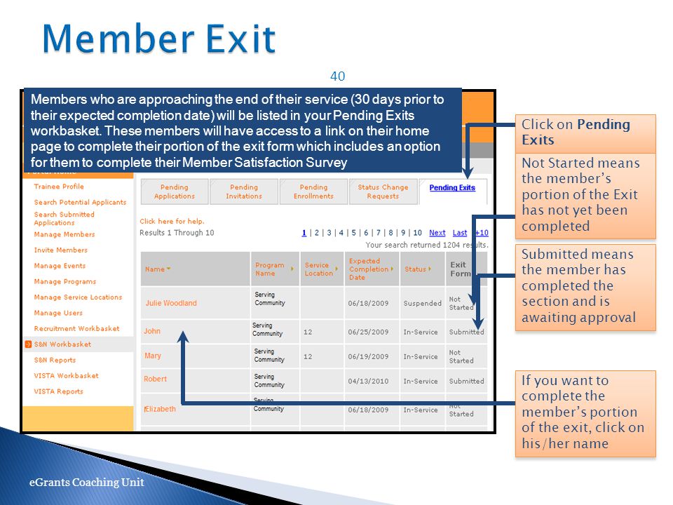 40 eGrants Coaching Unit Members who are approaching the end of their service (30 days prior to their expected completion date) will be listed in your Pending Exits workbasket.