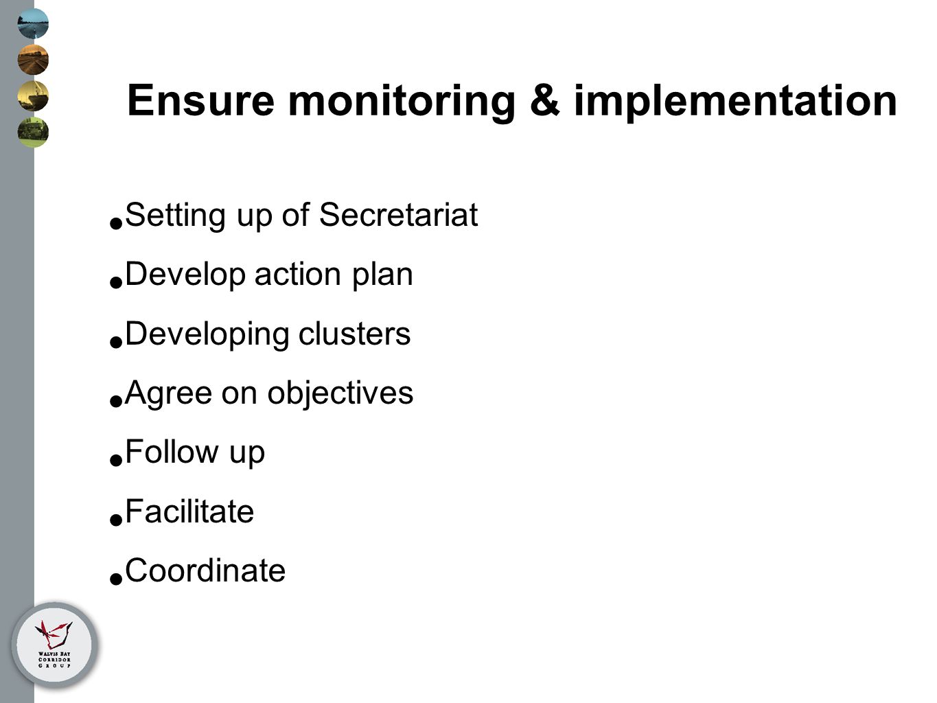 Ensure monitoring & implementation Setting up of Secretariat Develop action plan Developing clusters Agree on objectives Follow up Facilitate Coordinate