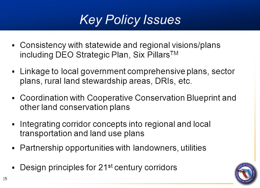 Key Policy Issues 15  Consistency with statewide and regional visions/plans including DEO Strategic Plan, Six Pillars TM  Linkage to local government comprehensive plans, sector plans, rural land stewardship areas, DRIs, etc.
