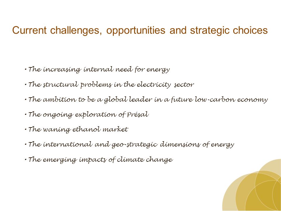 Current challenges, opportunities and strategic choices The increasing internal need for energy The structural problems in the electricity sector The ambition to be a global leader in a future low-carbon economy The ongoing exploration of Présal The waning ethanol market The international and geo-strategic dimensions of energy The emerging impacts of climate change