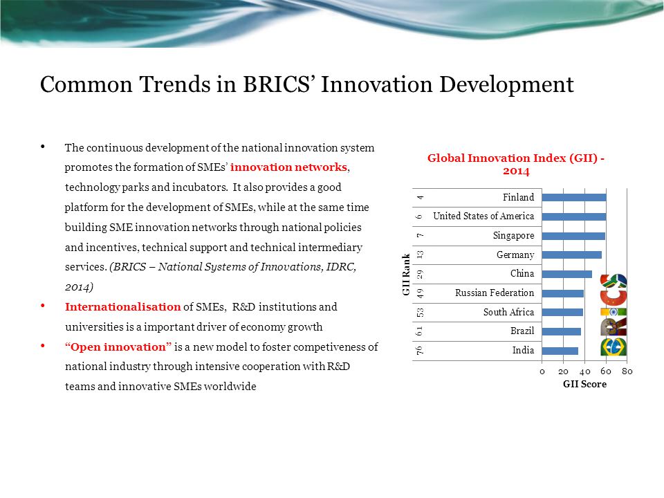 Common Trends in BRICS’ Innovation Development The continuous development of the national innovation system promotes the formation of SMEs’ innovation networks, technology parks and incubators.