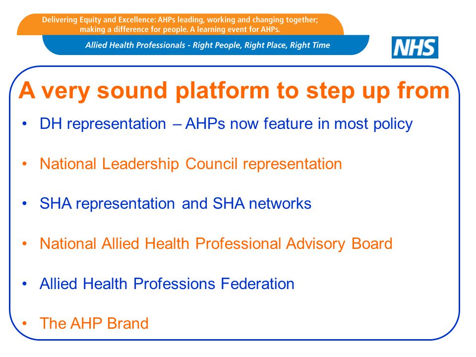 A very sound platform to step up from DH representation – AHPs now feature in most policy National Leadership Council representation SHA representation and SHA networks National Allied Health Professional Advisory Board Allied Health Professions Federation The AHP Brand