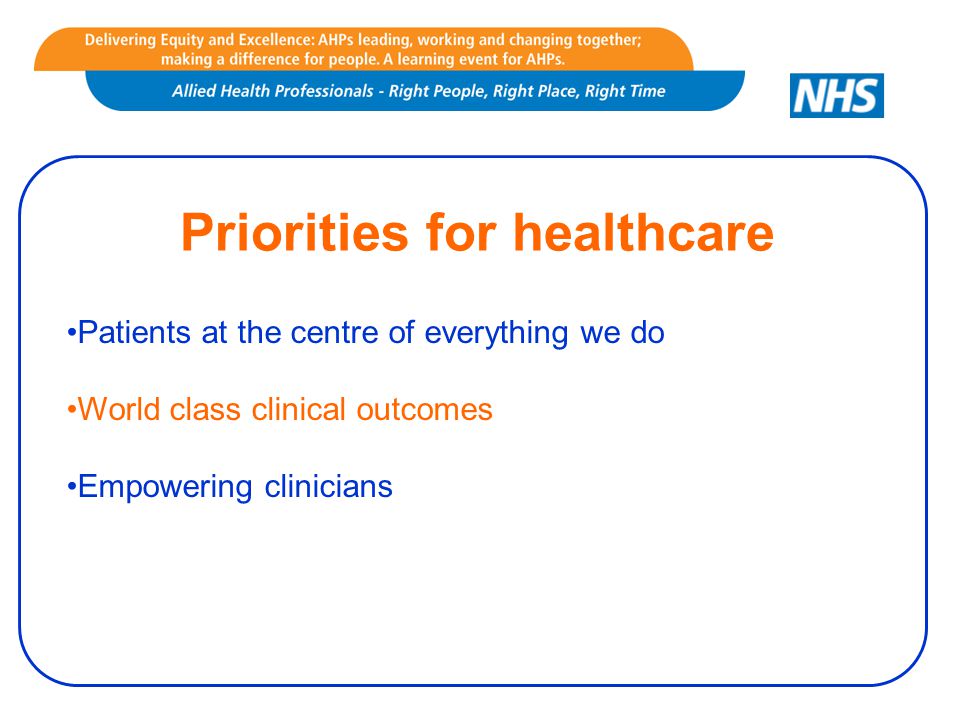Priorities for healthcare Patients at the centre of everything we do World class clinical outcomes Empowering clinicians