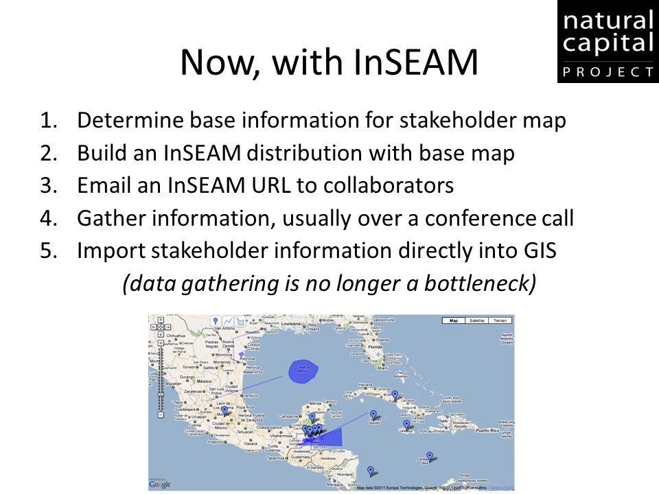 Now, with InSEAM 1.Determine base information for stakeholder map 2.Build an InSEAM distribution with base map 3. an InSEAM URL to collaborators 4.Gather information, usually over a conference call 5.Import stakeholder information directly into GIS (data gathering is no longer a bottleneck)