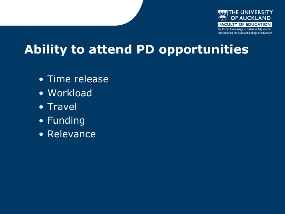Ability to attend PD opportunities Time release Workload Travel Funding Relevance