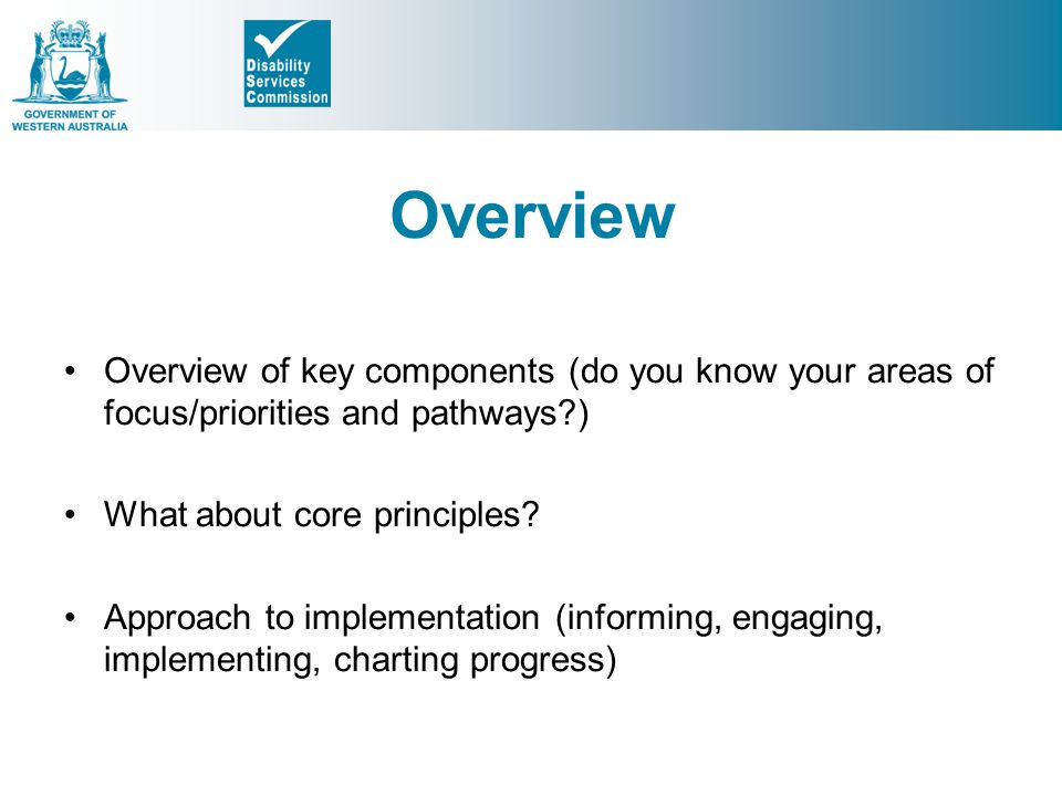 Overview Overview of key components (do you know your areas of focus/priorities and pathways ) What about core principles.