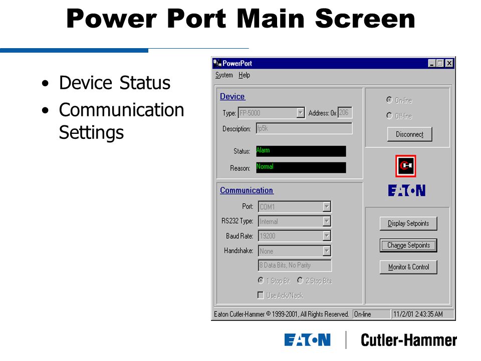 Power Port Main Screen Device Status Communication Settings