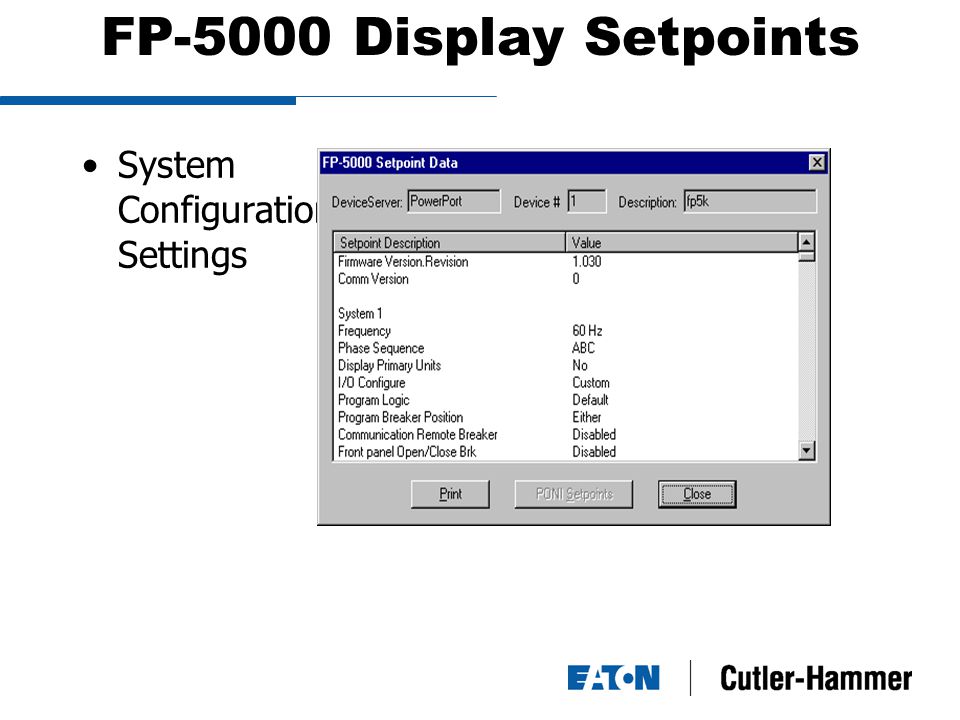 FP-5000 Display Setpoints System Configuration Settings