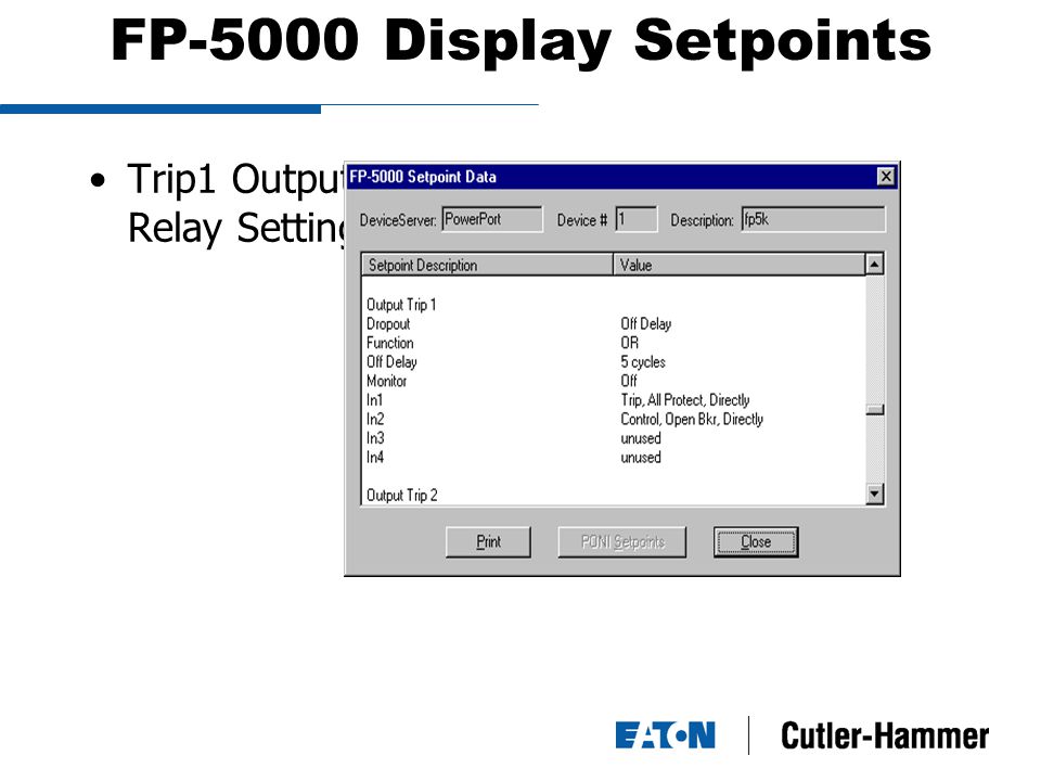 FP-5000 Display Setpoints Trip1 Output Relay Settings