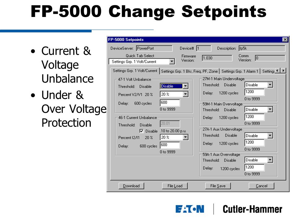 FP-5000 Change Setpoints Current & Voltage Unbalance Under & Over Voltage Protection