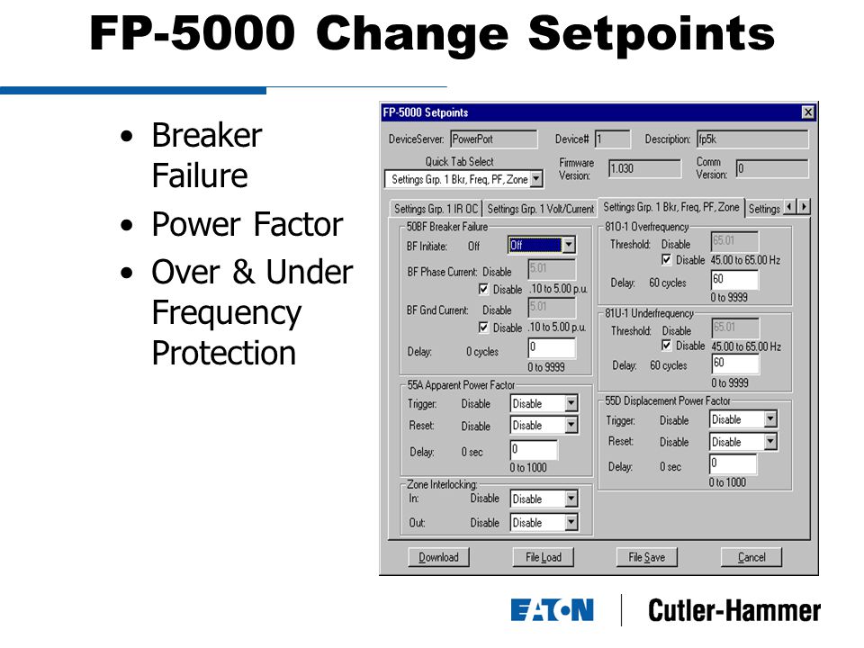 FP-5000 Change Setpoints Breaker Failure Power Factor Over & Under Frequency Protection