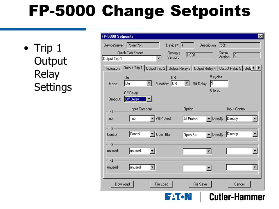FP-5000 Change Setpoints Trip 1 Output Relay Settings