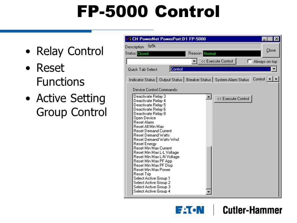 FP-5000 Control Relay Control Reset Functions Active Setting Group Control