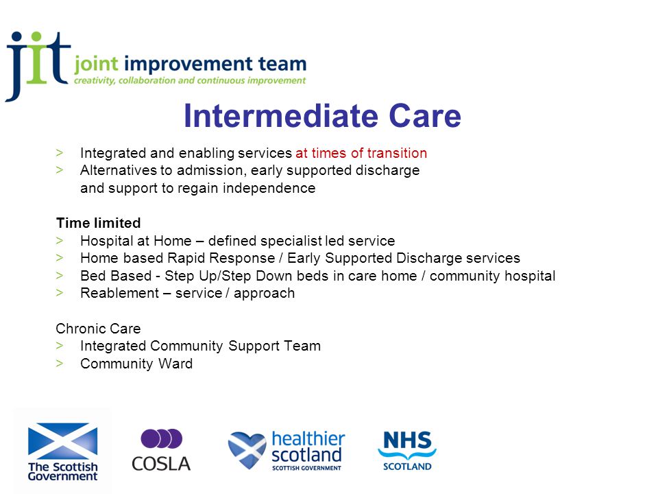 Intermediate Care >Integrated and enabling services at times of transition >Alternatives to admission, early supported discharge and support to regain independence Time limited >Hospital at Home – defined specialist led service >Home based Rapid Response / Early Supported Discharge services >Bed Based - Step Up/Step Down beds in care home / community hospital >Reablement – service / approach Chronic Care >Integrated Community Support Team >Community Ward