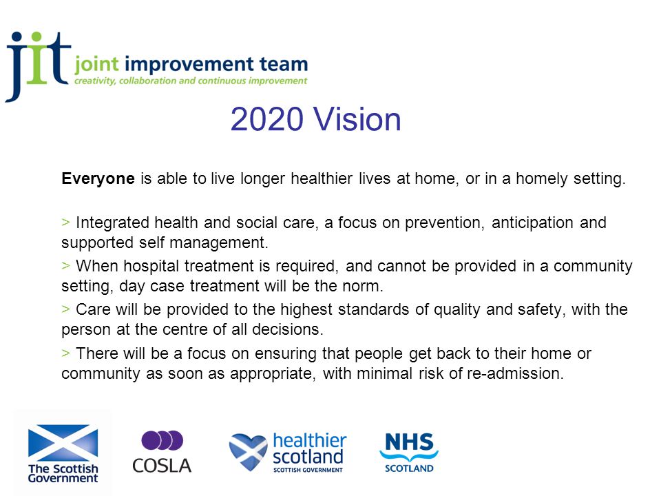 2020 Vision Everyone is able to live longer healthier lives at home, or in a homely setting.