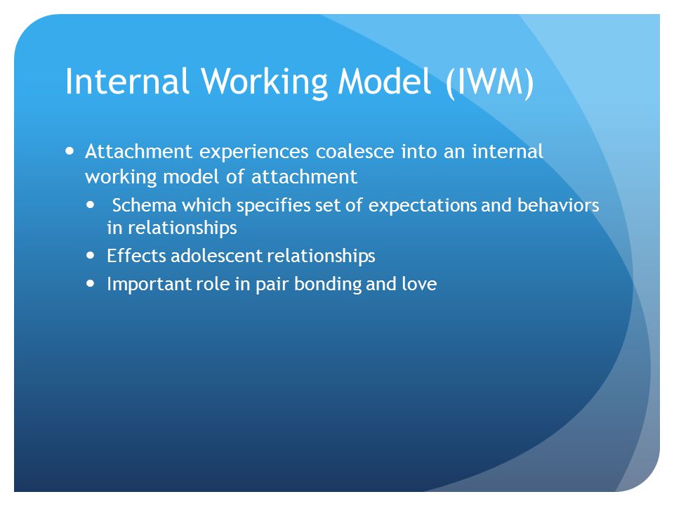 Internal Working Model (IWM) Attachment experiences coalesce into an internal working model of attachment Schema which specifies set of expectations and behaviors in relationships Effects adolescent relationships Important role in pair bonding and love