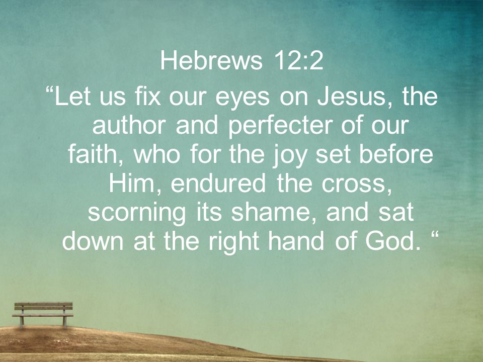 Hebrews 12:2 Let us fix our eyes on Jesus, the author and perfecter of our faith, who for the joy set before Him, endured the cross, scorning its shame, and sat down at the right hand of God.