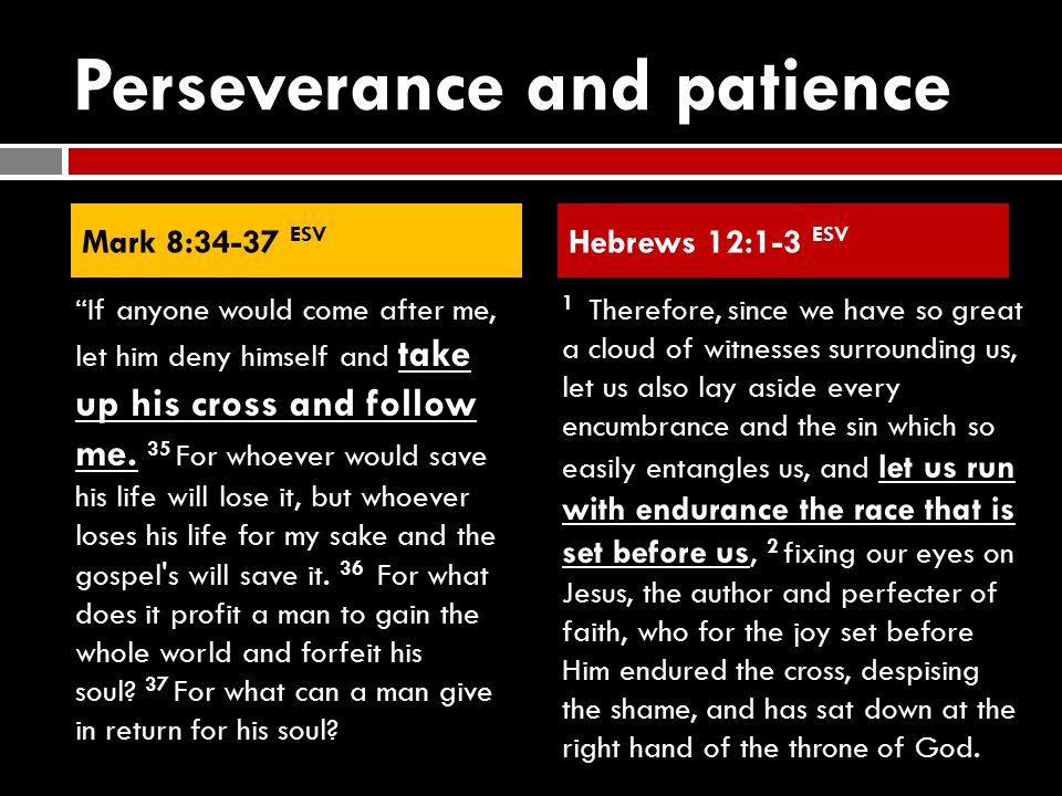 Perseverance and patience If anyone would come after me, let him deny himself and take up his cross and follow me.