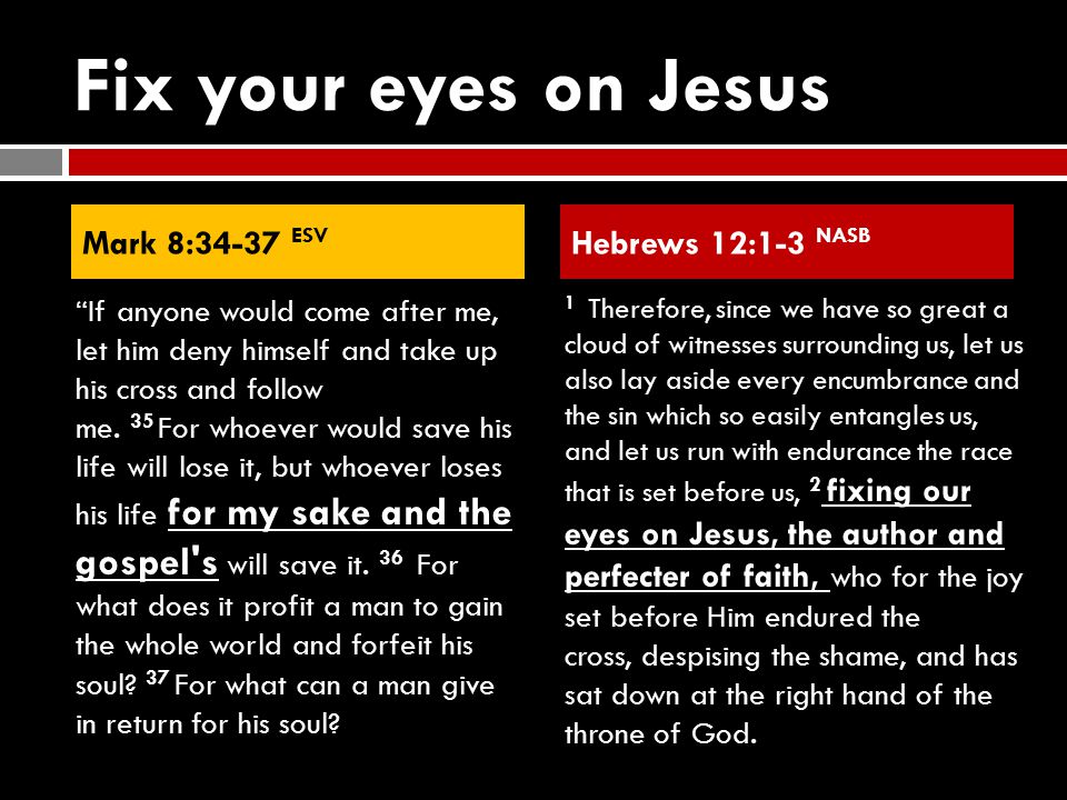 Fix your eyes on Jesus If anyone would come after me, let him deny himself and take up his cross and follow me.