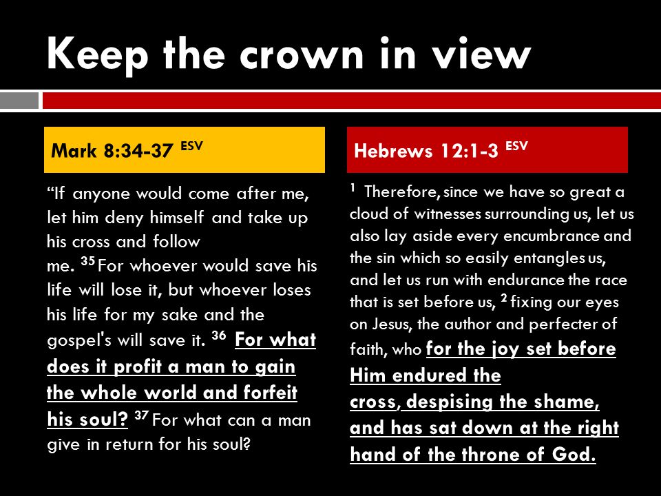 Keep the crown in view If anyone would come after me, let him deny himself and take up his cross and follow me.