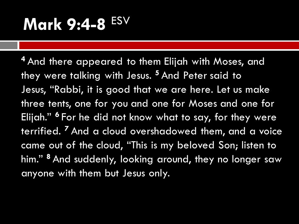 Mark 9:4-8 ESV 4 And there appeared to them Elijah with Moses, and they were talking with Jesus.