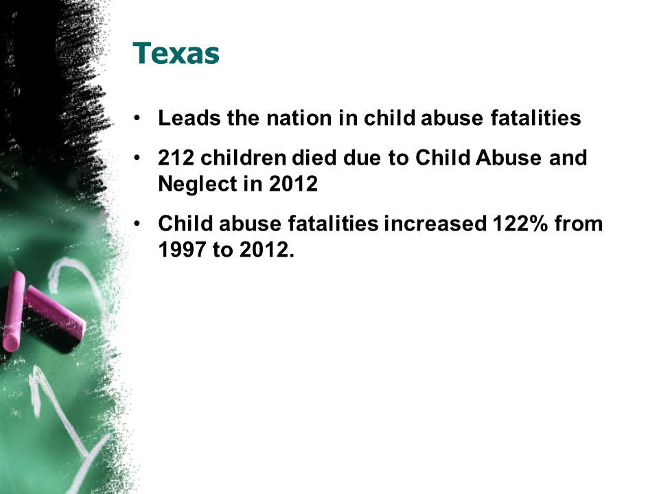 Texas Leads the nation in child abuse fatalities 212 children died due to Child Abuse and Neglect in 2012 Child abuse fatalities increased 122% from 1997 to 2012.