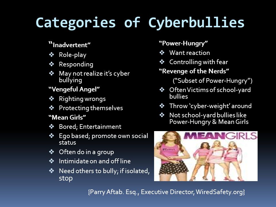 Categories of Cyberbullies Inadvertent  Role-play  Responding  May not realize it’s cyber bullying Vengeful Angel  Righting wrongs  Protecting themselves Mean Girls  Bored; Entertainment  Ego based; promote own social status  Often do in a group  Intimidate on and off line  Need others to bully; if isolated, stop Power-Hungry  Want reaction  Controlling with fear Revenge of the Nerds ( Subset of Power-Hungry )  Often Victims of school-yard bullies  Throw ‘cyber-weight’ around  Not school-yard bullies like Power-Hungry & Mean Girls {Parry Aftab.
